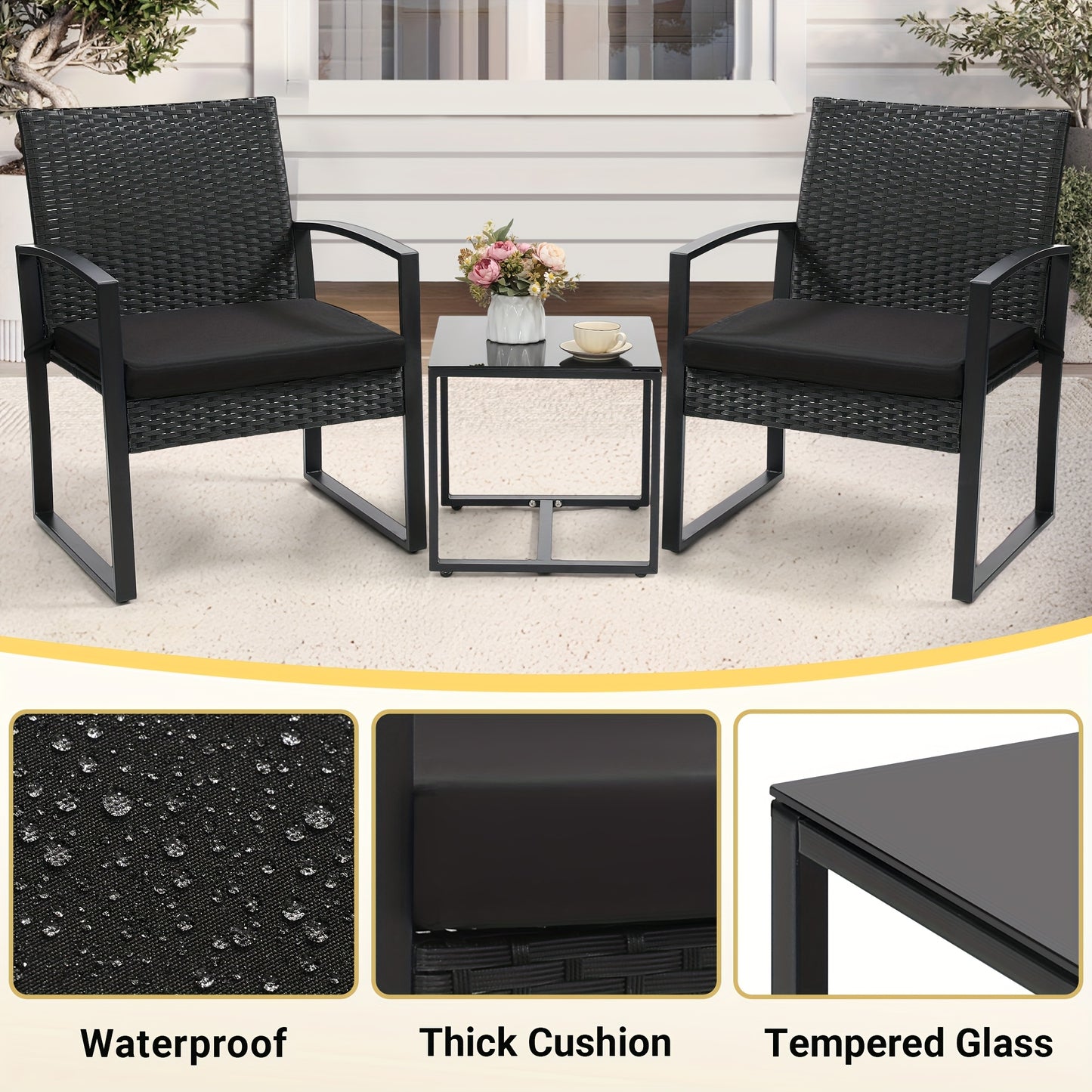 3pcs Rattan Bistro Set, Outdoor Patio Furniture Conversation Set Featuring 2 Chairs And 1 Safety Glass Top Table, with Plush Cushions, on, Perfect for Your Backyard.