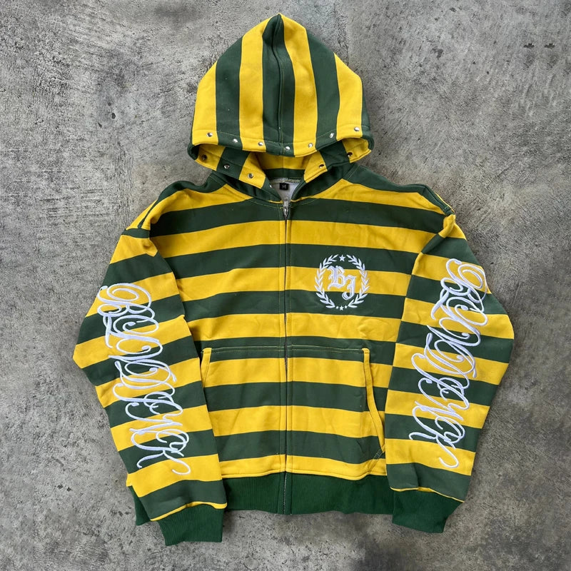 Y2K Street Zip-Up Hoodie with Stripe & Rivet Embroidery – Hip Hop Streetwear