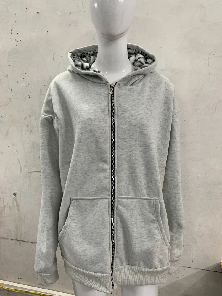 2025 new unisex hooded sweatshirt with leopard print lining pocket, loose cardigan, zipper sweatshirt, street style, double-side