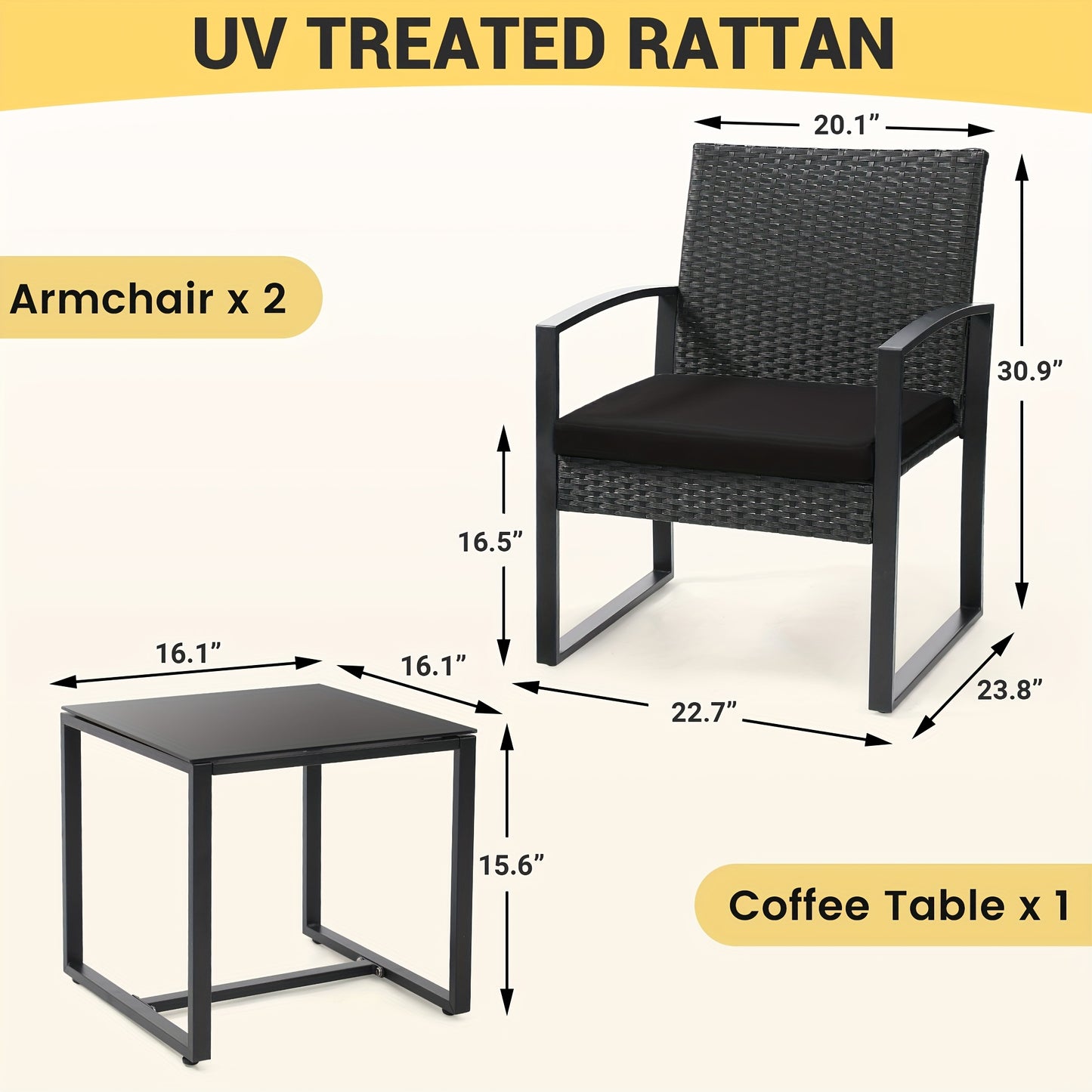 3pcs Rattan Bistro Set – Plush Cushioned Chairs & Glass Table
