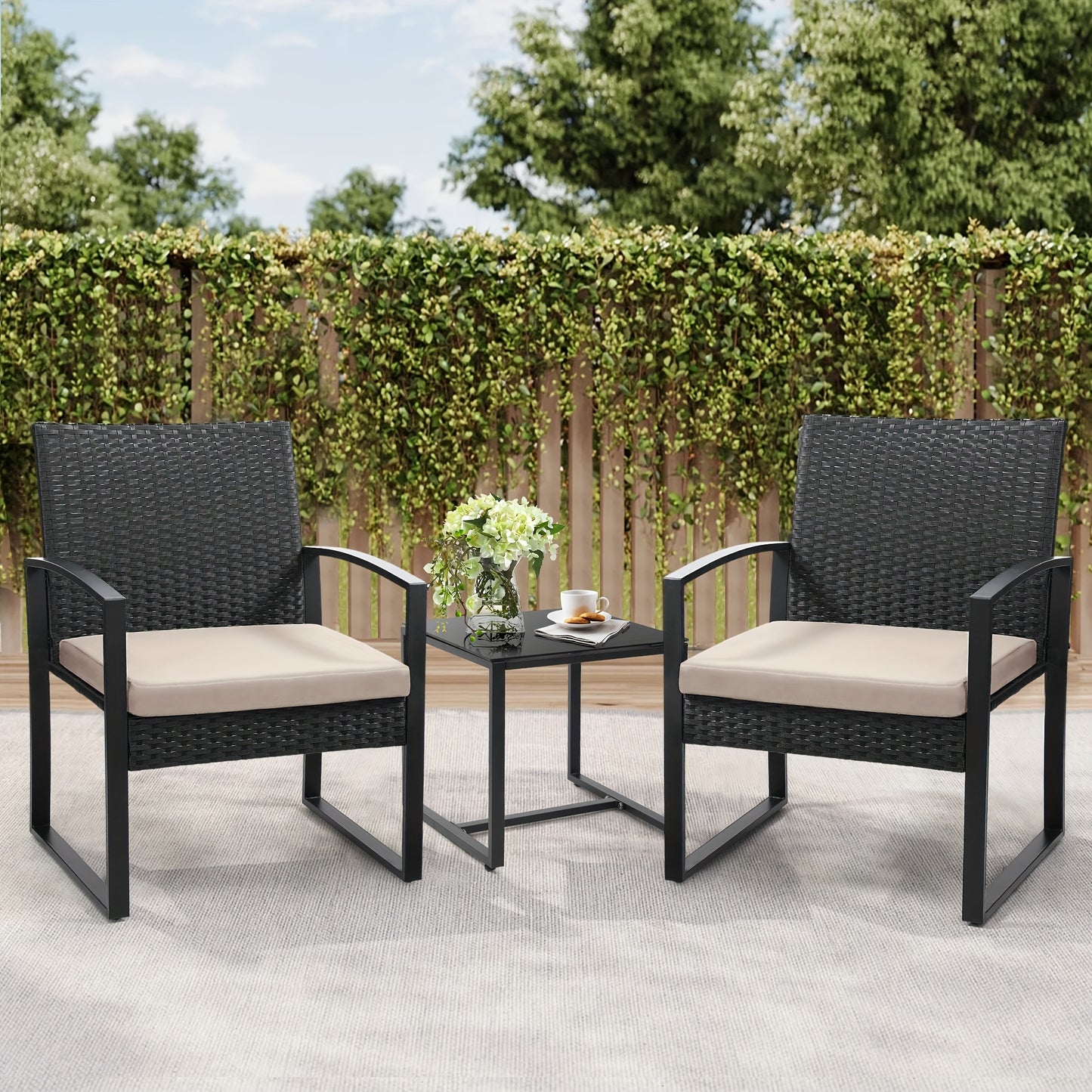 3pcs Rattan Bistro Set – Plush Cushioned Chairs & Glass Table