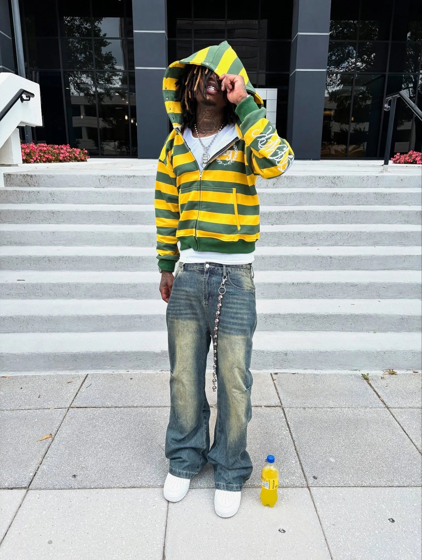 Y2K Street Zip-Up Hoodie with Stripe & Rivet Embroidery – Hip Hop Streetwear