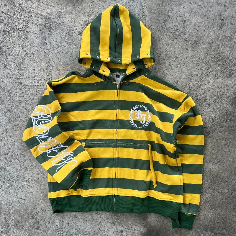 Y2K Street Zip-Up Hoodie with Stripe & Rivet Embroidery – Hip Hop Streetwear