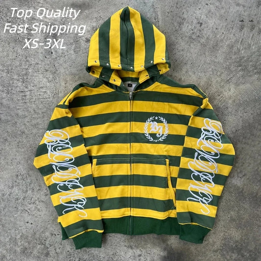 Y2K Street Zip-Up Hoodie with Stripe & Rivet Embroidery – Hip Hop Streetwear