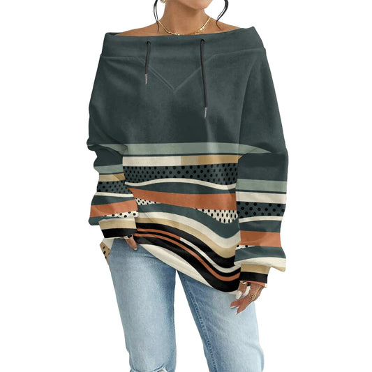 Trendy Off-Shoulder Sweatshirts with Striped & Polka Dot Patterns Drawstring Casual Loose-Fit Top for Women Casual Streetwear