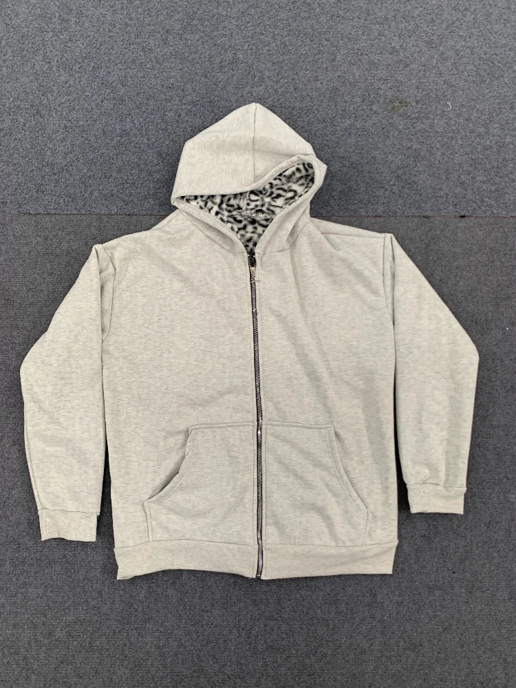 2025 new unisex hooded sweatshirt with leopard print lining pocket, loose cardigan, zipper sweatshirt, street style, double-side