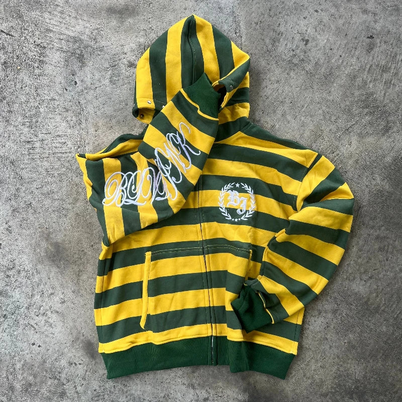 Y2K Street Zip-Up Hoodie with Stripe & Rivet Embroidery – Hip Hop Streetwear