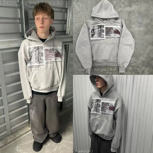 Gray printed pattern pullover sweatshirt Gothic retro men's and women's American hip-hop fashion jogging casual streetwear