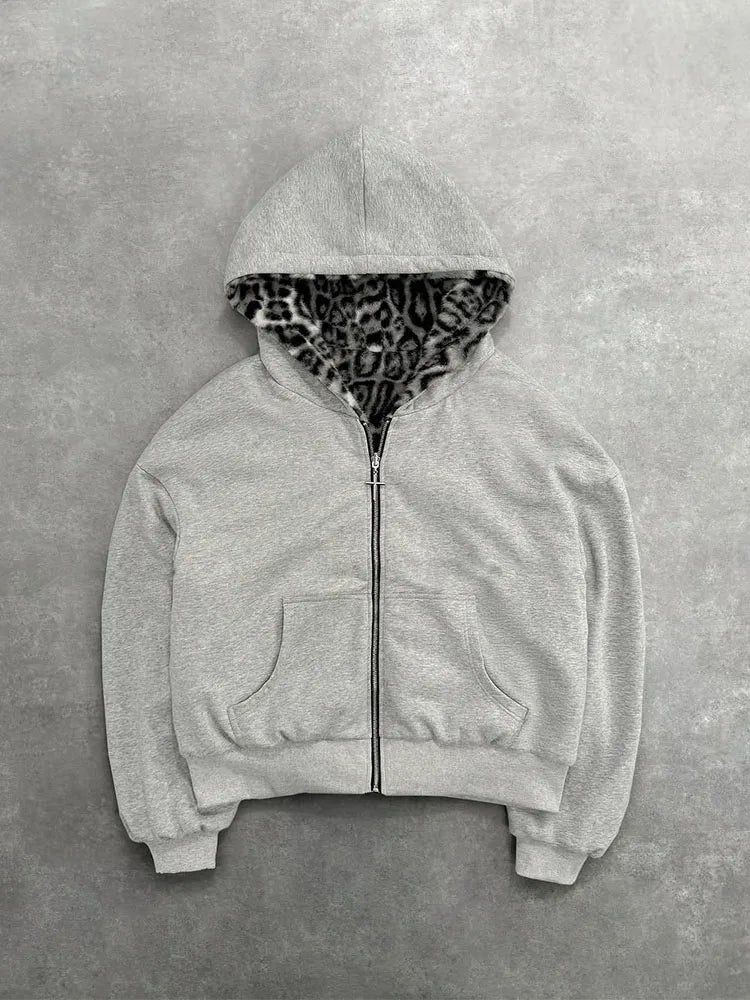 2025 new unisex hooded sweatshirt with leopard print lining pocket, loose cardigan, zipper sweatshirt, street style, double-side