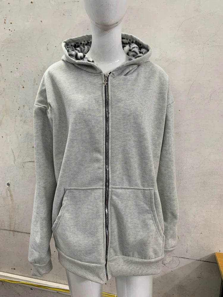 2025 new unisex hooded sweatshirt with leopard print lining pocket, loose cardigan, zipper sweatshirt, street style, double-side