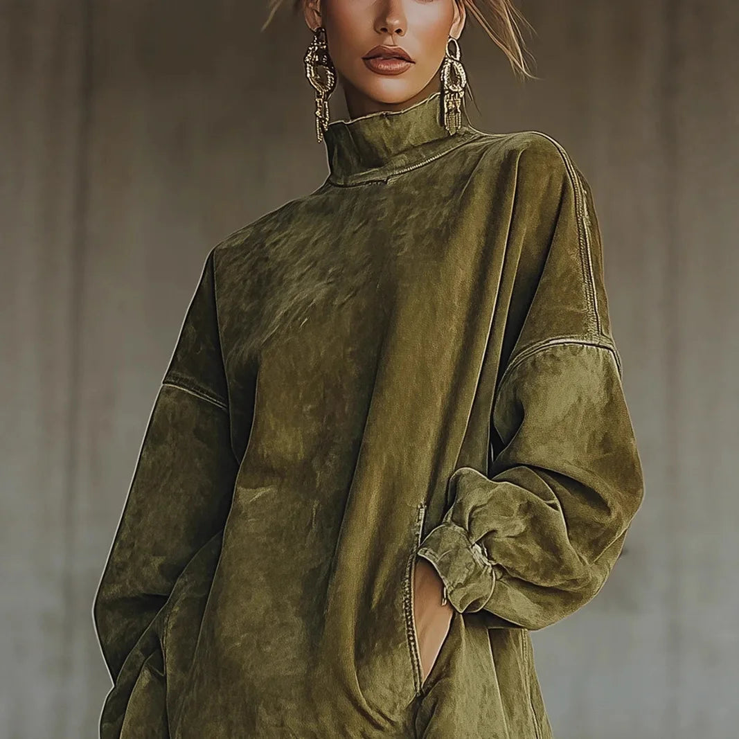 Female Clothing Party Dresses 2025 New High Collar Suede Retro Loose Pocket Tassel Long Sleeve Dress Elegant Party Mini Dresses