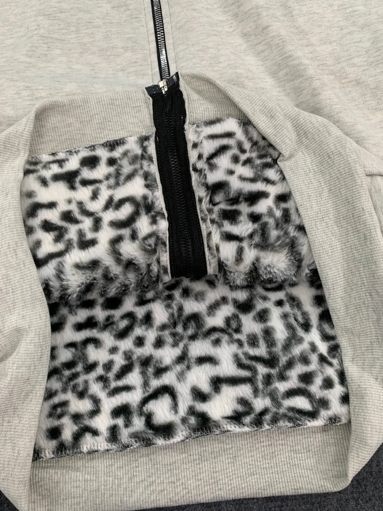 2025 new unisex hooded sweatshirt with leopard print lining pocket, loose cardigan, zipper sweatshirt, street style, double-side