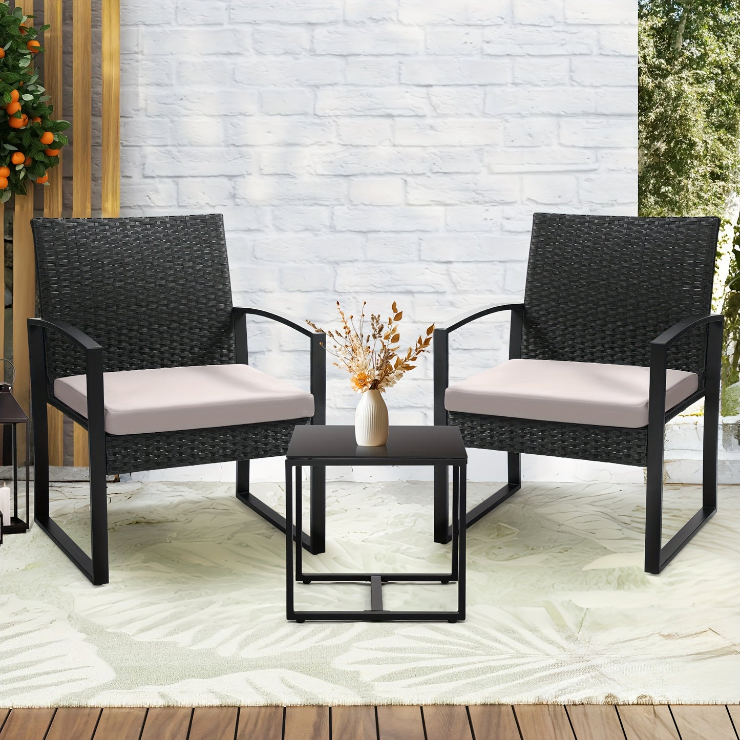 3pcs Rattan Bistro Set – Plush Cushioned Chairs & Glass Table