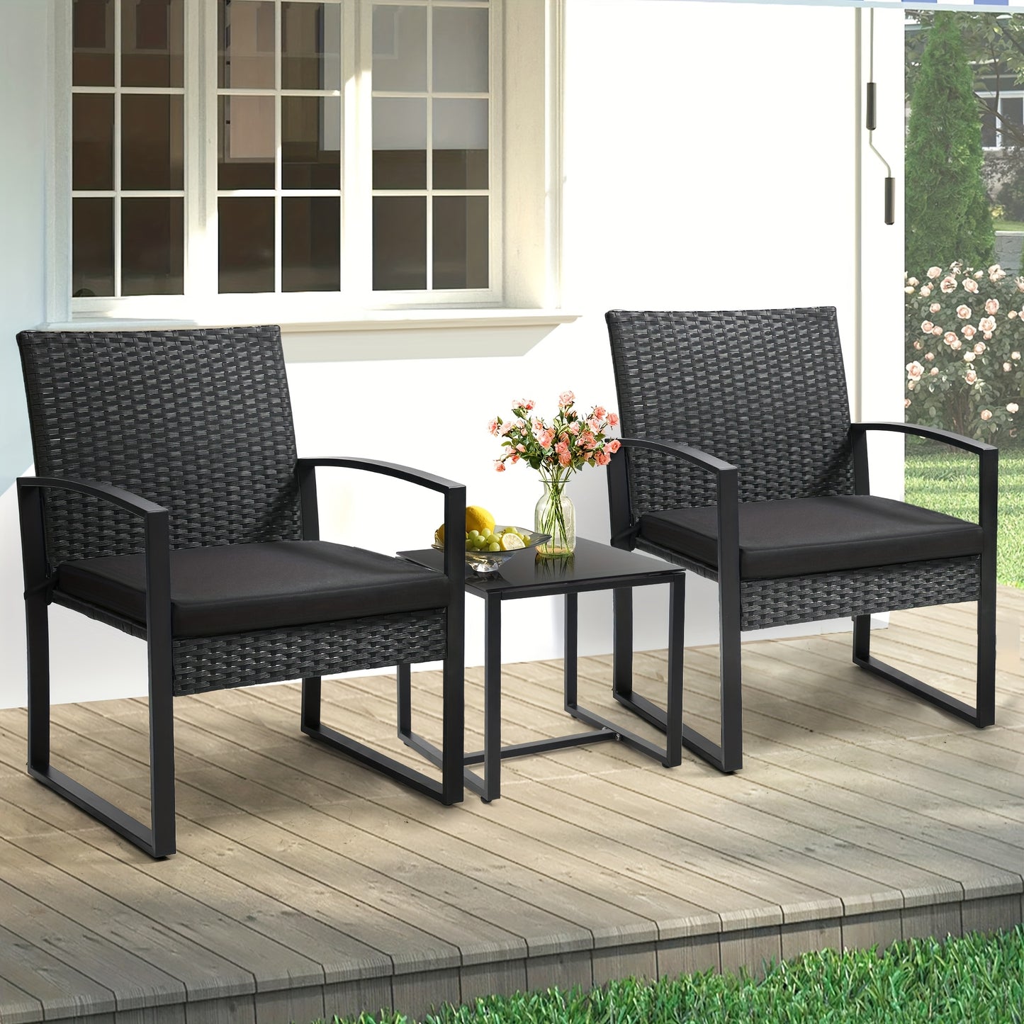 3pcs Rattan Bistro Set – Plush Cushioned Chairs & Glass Table