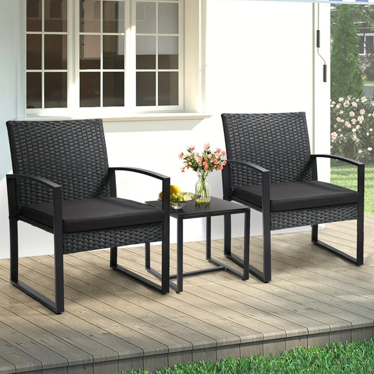 3pcs Rattan Bistro Set, Outdoor Patio Furniture Conversation Set Featuring 2 Chairs And 1 Safety Glass Top Table, with Plush Cushions, on, Perfect for Your Backyard.