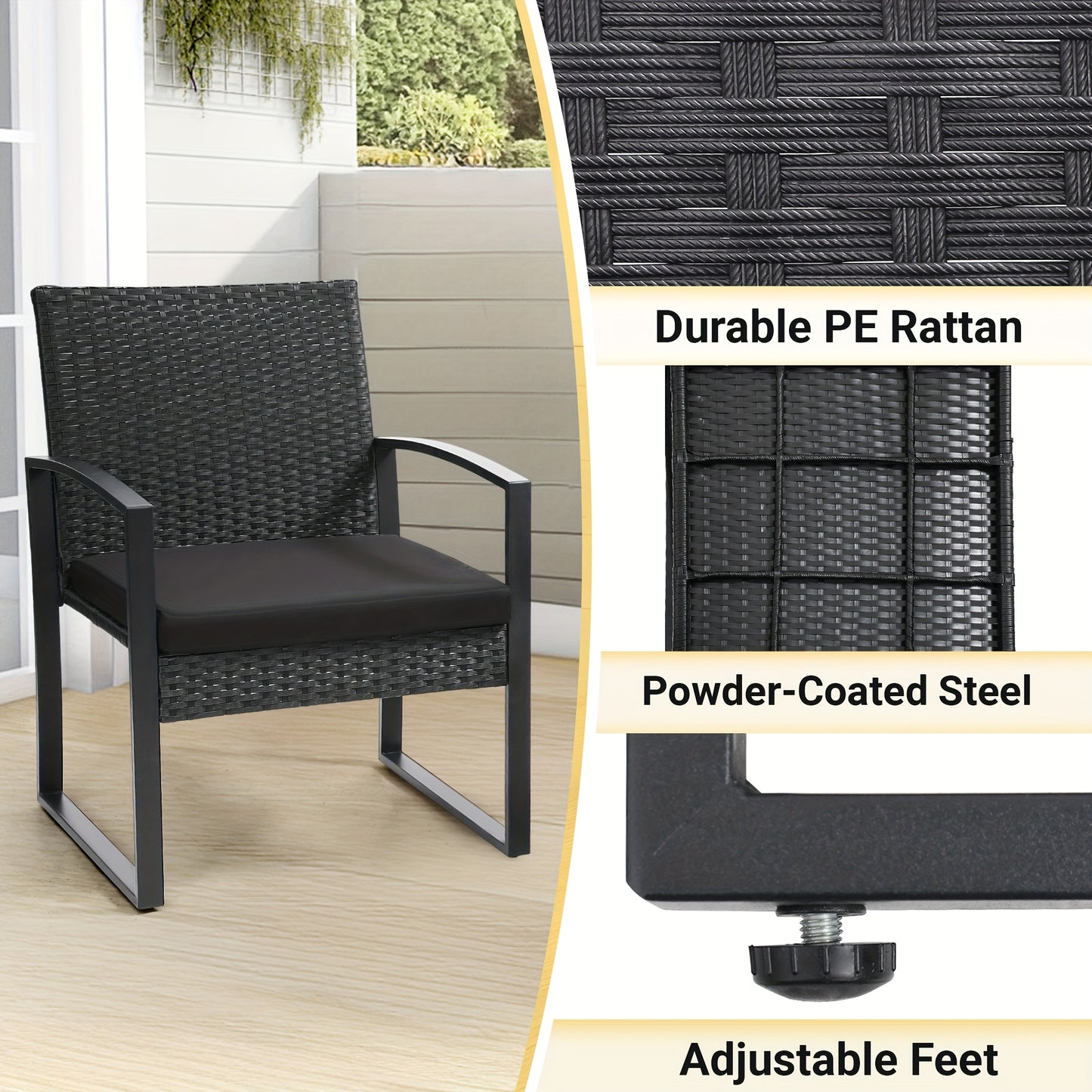 3pcs Rattan Bistro Set – Plush Cushioned Chairs & Glass Table